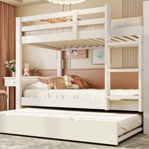 Houten stapelbed 90 x 200 cm – onderschuifbed – omvormbaar tot eenpersoonsbed – met veiligheidshekken – wit (matras niet inbegrepen) Houten stapelbed 90 x 200 cm – onderschuifbed – omvormbaar tot eenpersoonsbed – met veiligheidshekken – wit (matras niet inbegrepen)
