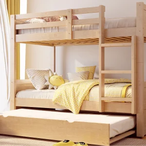 Houten stapelbed 90 x 200 cm – onderschuifbed – omvormbaar tot eenpersoonsbed – met veiligheidshekken – naturaal (matras niet inbegrepen) Houten stapelbed 90 x 200 cm – onderschuifbed – omvormbaar tot eenpersoonsbed – met veiligheidshekken – naturaal (matras niet inbegrepen)