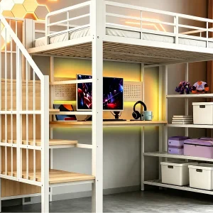 Hoogslaper 90 x 200 cm – Met bureau – Met stopcontact – Met LED-verlichting – Wit (matras niet inbegrepen) Hoogslaper 90 x 200 cm – Met bureau – Met stopcontact – Met LED-verlichting – Wit (matras niet inbegrepen)