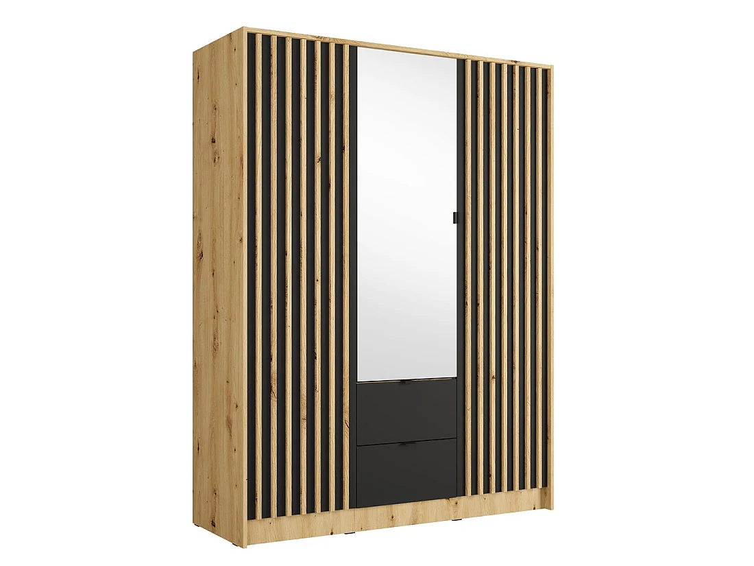 Kledingkast TORVIK 3 deuren met spiegel, laden en latjes zwart en eik 150 cm