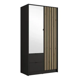 Kast TORVIK 2 deuren met spiegel, laden en latten zwart en eik 101 cm Kast TORVIK 2 deuren met spiegel, laden en latten zwart en eik 101 cm