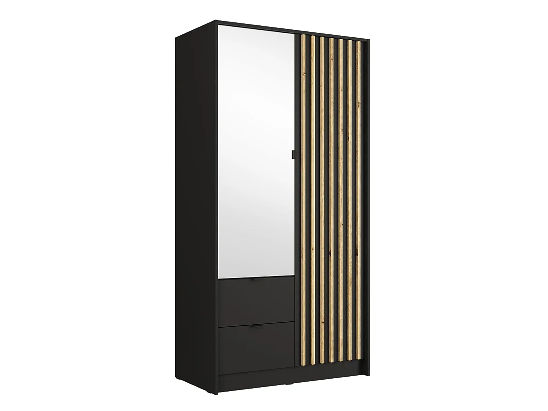 Kast TORVIK 2 deuren met spiegel, laden en latten zwart en eik 101 cm
