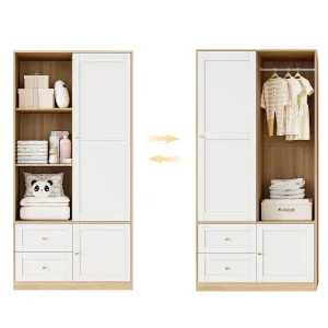 Kast met schuifdeuren 90x50x180 cm – 2 deuren en 2 lades – met kledingstang – Houtlook afwerking – Wit en naturel Kast met schuifdeuren 90x50x180 cm – 2 deuren en 2 lades – met kledingstang – Houtlook afwerking – Wit en naturel