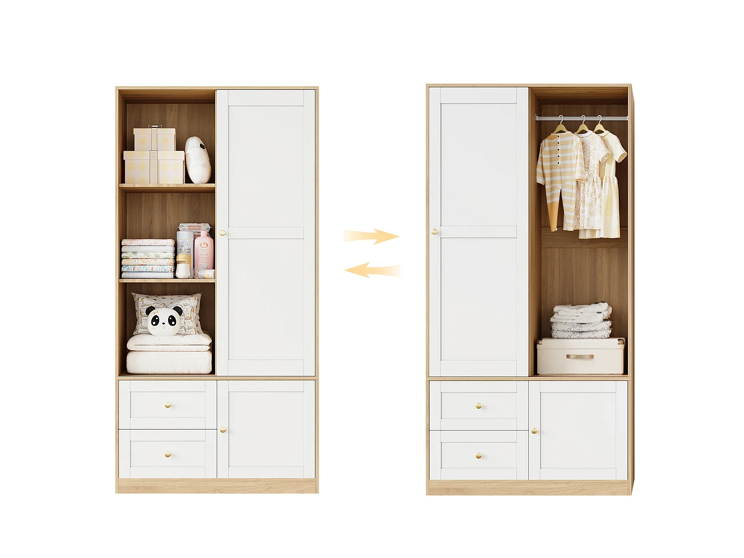 Kast met schuifdeuren 90x50x180 cm - 2 deuren en 2 lades - met kledingstang - Houtlook afwerking - Wit en naturel