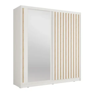 Kledingkast KAZU met 2 schuifdeuren, spiegel en decoratieve latten 205 cm Kledingkast KAZU met 2 schuifdeuren, spiegel en decoratieve latten 205 cm
