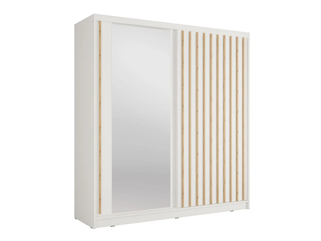 Kledingkast KAZU met 2 schuifdeuren, spiegel en decoratieve latten 205 cm
