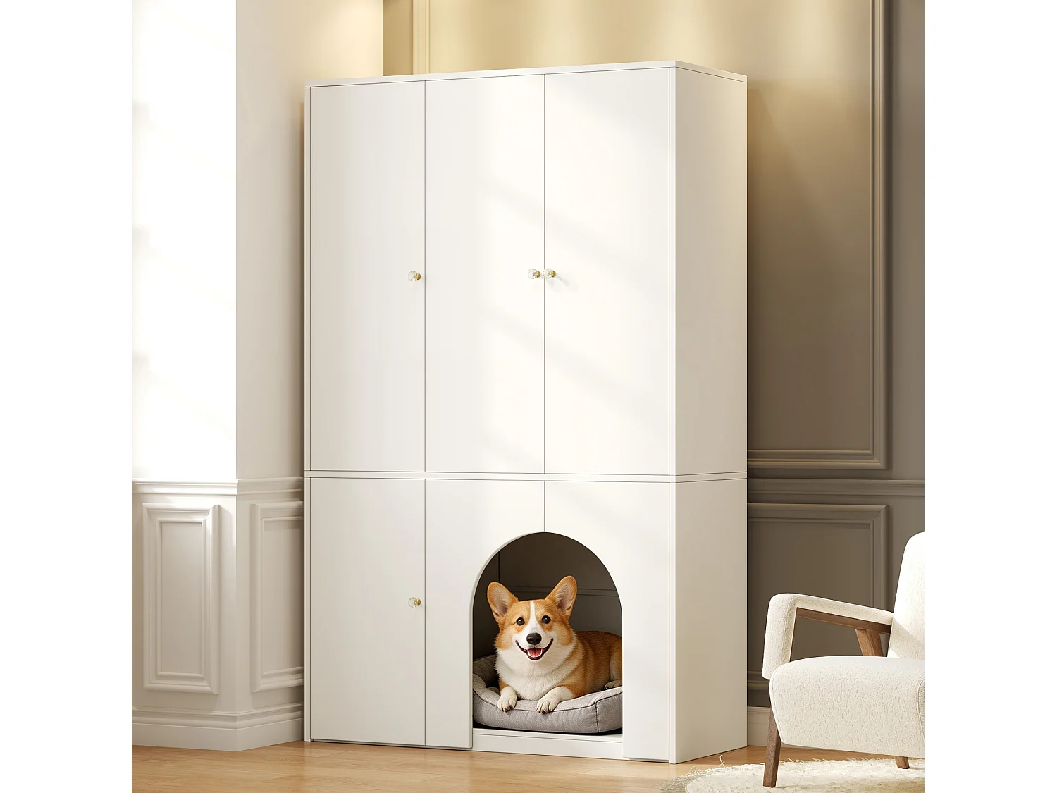 Kast met 3 deuren 120x50x200 cm - met kledinghangers en opbergvakken - ruimte voor huisdieren - Wit
