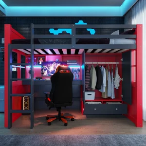 Hoogslaper 90 x 200 cm – met ladder – met bureau – met kast + 2 lades – rood (matras niet inbegrepen) Hoogslaper 90 x 200 cm – met ladder – met bureau – met kast + 2 lades – rood (matras niet inbegrepen)