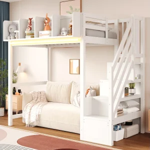 Hoogslaper 90 x 200 cm – met veiligheidshekken – met planken – met LED-verlichting – met ladder – wit (matras niet inbegrepen) Hoogslaper 90 x 200 cm – met veiligheidshekken – met planken – met LED-verlichting – met ladder – wit (matras niet inbegrepen)