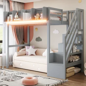 Hoogslaper 90 x 200 cm – met veiligheidshekken – met planken – met LED-verlichting – met ladder – grijs (matras niet inbegrepen) Hoogslaper 90 x 200 cm – met veiligheidshekken – met planken – met LED-verlichting – met ladder – grijs (matras niet inbegrepen)