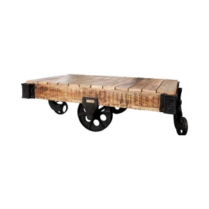 Industriële salontafel RAIL op wielen 110 cm – Massief mangohout en metaal