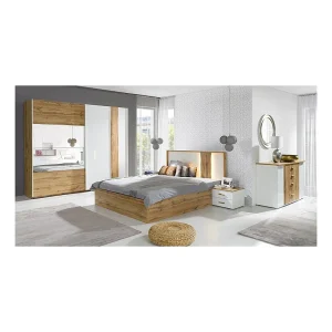 WOOD slaapkamer in eiken en wit kleur met LED bed 160×200, commode, nachtkastjes en kledingkast WOOD slaapkamer in eiken en wit kleur met LED bed 160×200, commode, nachtkastjes en kledingkast