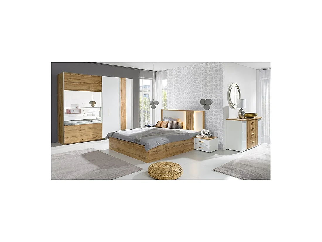 WOOD slaapkamer in eiken en wit kleur met LED bed 160x200, commode, nachtkastjes en kledingkast