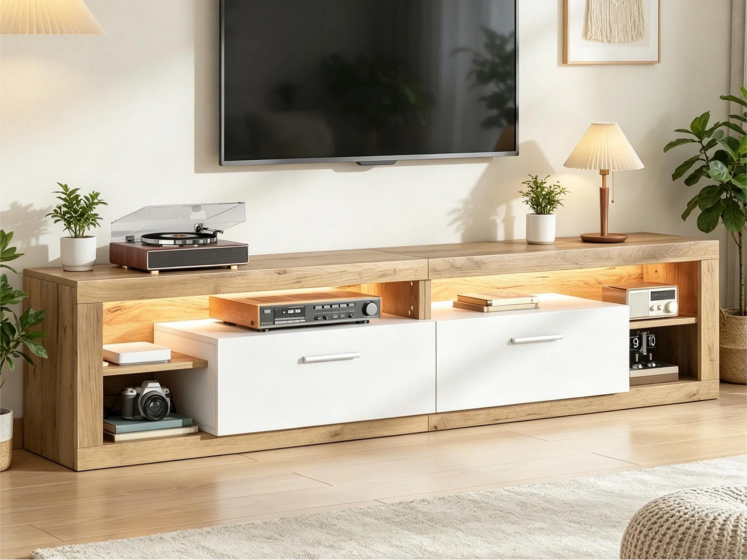 Hoogglans tv-meubel 180x35x60 cm - met LED-verlichting - 4 deuren en 8 opbergvakken - Wit
