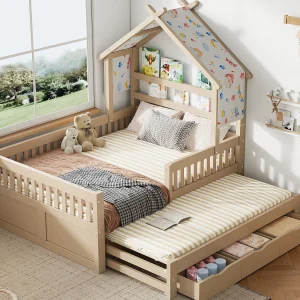Huisbed van hout 140×200 cm – Met neerklapbaar bedframe en 3 lades – veiligheidshek – MDF+grenen – Natuur (zonder matras) Huisbed van hout 140×200 cm – Met neerklapbaar bedframe en 3 lades – veiligheidshek – MDF+grenen – Natuur (zonder matras)