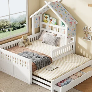 Huisbed van hout 140×200 cm – Met neerklapbaar bedframe en 3 lades – veiligheidshek – MDF+grenen – Wit (zonder matras) Huisbed van hout 140×200 cm – Met neerklapbaar bedframe en 3 lades – veiligheidshek – MDF+grenen – Wit (zonder matras)