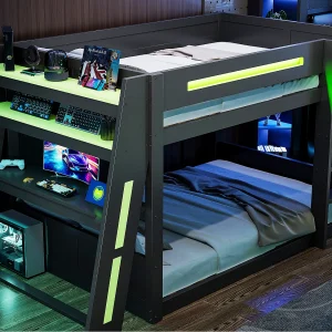 Houten stapelbed 140 x 200 cm – Met bureau, dubbele plank – USB-poort en LED-verlichting – MDF – zwart en groen (zonder matras) Houten stapelbed 140 x 200 cm – Met bureau, dubbele plank – USB-poort en LED-verlichting – MDF – zwart en groen (zonder matras)