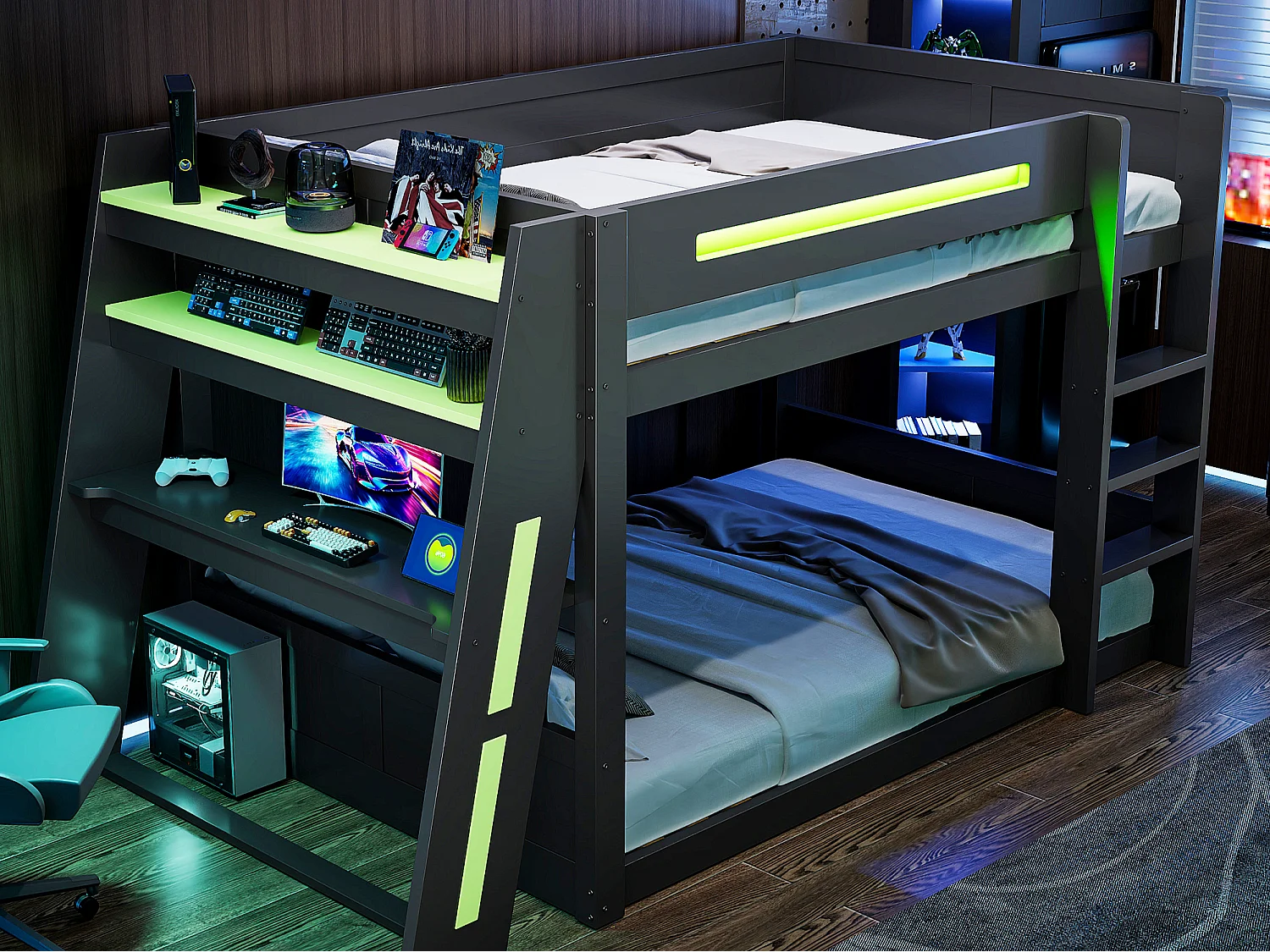 Houten stapelbed 140 x 200 cm - Met bureau, dubbele plank - USB-poort en LED-verlichting - MDF - zwart en groen (zonder matras)