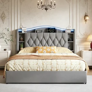 Hydraulisch opbergbed met LED en USB-opladen – 140 x 200 cm – Grijs fluweel Hydraulisch opbergbed met LED en USB-opladen – 140 x 200 cm – Grijs fluweel