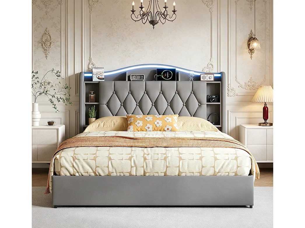 Hydraulisch opbergbed met LED en USB-opladen - 140 x 200 cm - Grijs fluweel