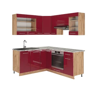Hoekkeuken bordeaux hoogglans/gouden eik 190x46x81.6 fame-line Hoekkeuken bordeaux hoogglans/gouden eik 190x46x81.6 fame-line