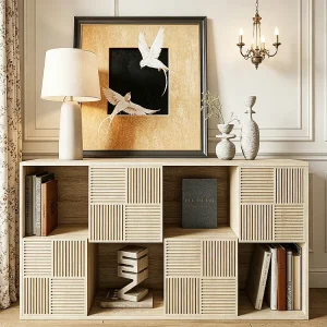 Kaki Boekenkast 125x30x60 cm met 4 Open en 4 Gesloten Compartimenten, Modulair Ontwerp en Push-to-Open Systeem Kaki Boekenkast 125x30x60 cm met 4 Open en 4 Gesloten Compartimenten, Modulair Ontwerp en Push-to-Open Systeem