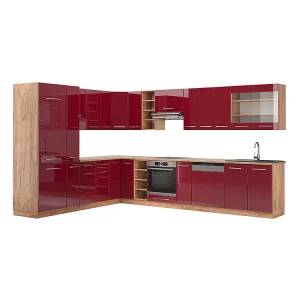 Hoekkeuken bordeaux hoogglans/gouden eik 347x60x81.6 fame-line Hoekkeuken bordeaux hoogglans/gouden eik 347x60x81.6 fame-line