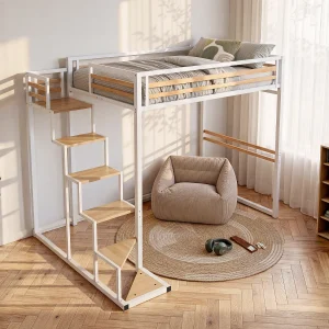 Hoogslaper 140 x 200 cm van metaal en mdf, wit met matras – JOGUI