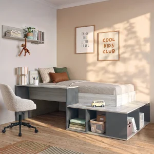Hoogslaper 90 x 200 cm, naturel en antraciet, met opbergruimte + bedbodem + matras – RIGALI Hoogslaper 90 x 200 cm, naturel en antraciet, met opbergruimte + bedbodem + matras – RIGALI