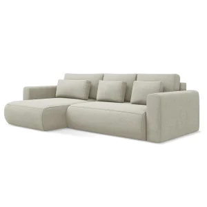 Hoekslaapbank links van lichtbeige textuurstof – PERUGIA Hoekslaapbank links van lichtbeige textuurstof – PERUGIA