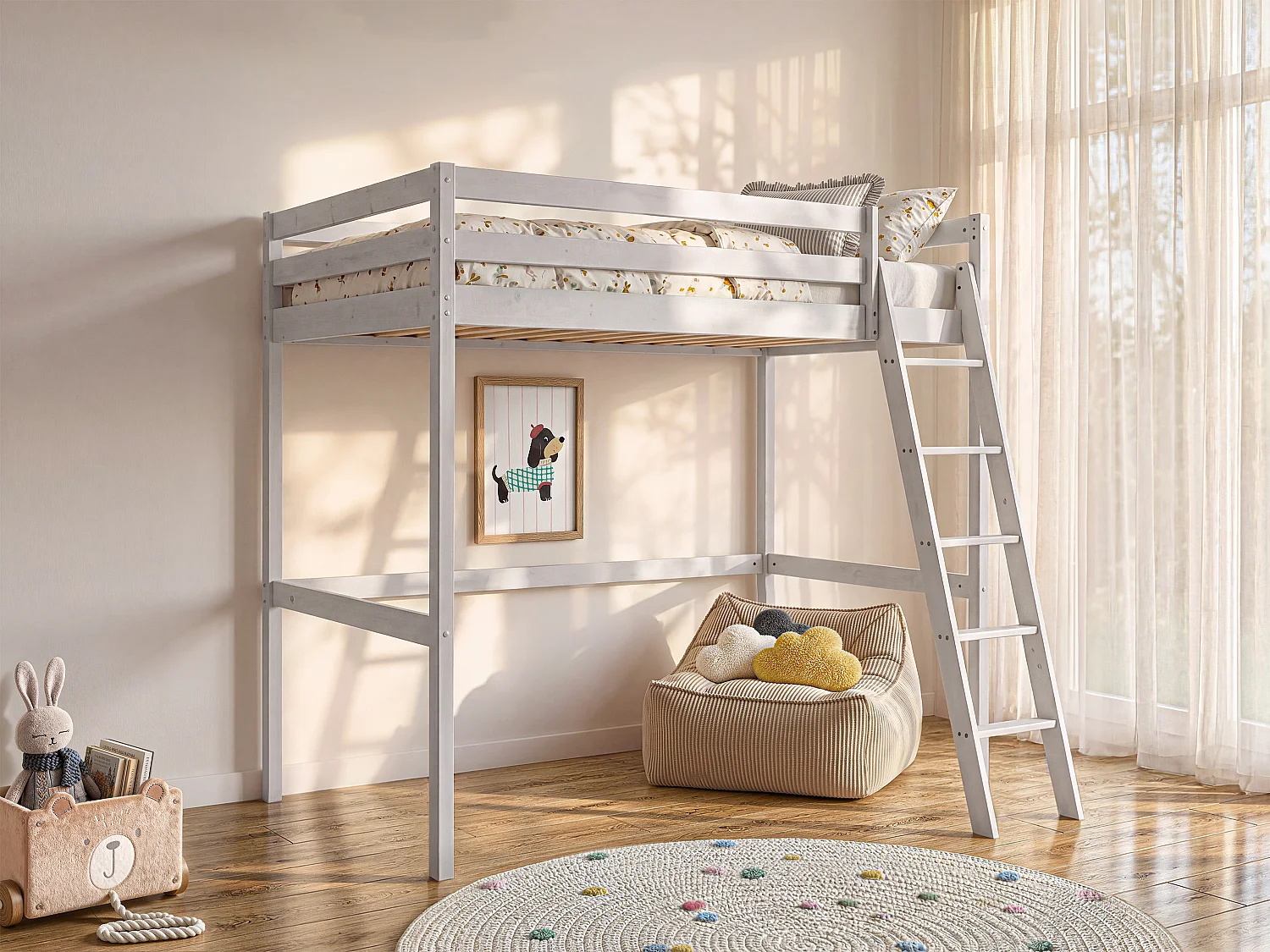 Hoogslaper GEDEON II - 140 x 190 cm - Massief grenen - Gebleekt + matras - Koop nu online
