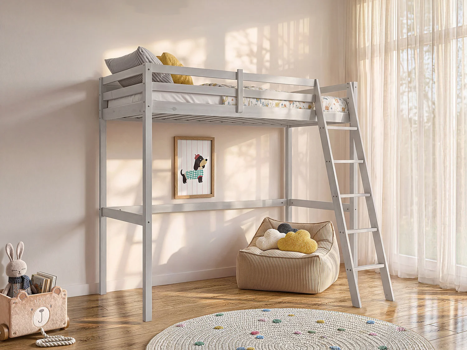 Hoogslaper GEDEON II - 90 x 190 cm - Massief grenen - Gebleekt + matras - Koop nu online