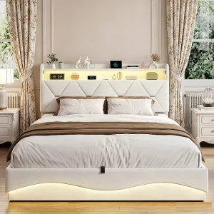 Hydraulisch opbergbedframe – 160 x 200 cm – USB-oplaadpoort en hoofdbordopslag – Fluweel – Beige Hydraulisch opbergbedframe – 160 x 200 cm – USB-oplaadpoort en hoofdbordopslag – Fluweel – Beige