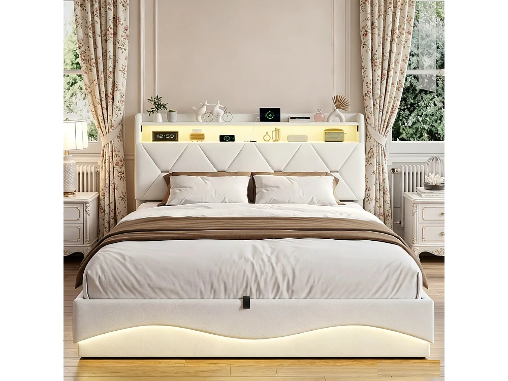 Hydraulisch opbergbedframe - 160 x 200 cm - USB-oplaadpoort en hoofdbordopslag - Fluweel - Beige