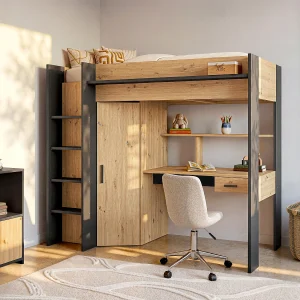 Hoogslaper AUCKLAND met bureau en kast – 90x200cm – Eikenkleur en antraciet + Matras Hoogslaper AUCKLAND met bureau en kast – 90x200cm – Eikenkleur en antraciet + Matras