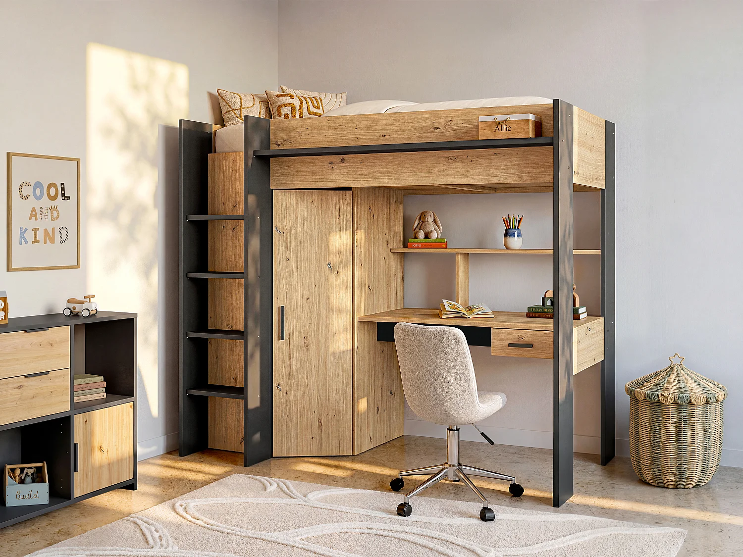 Hoogslaper AUCKLAND met bureau en kast - 90x200cm - Eikenkleur en antraciet + Matras