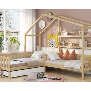 Huisbed voor kinderen 90×200 cm in L-vorm met bed van 140×70 cm, lade en planken, frame van grenenhout, licht naturel, zonder matras Huisbed voor kinderen 90×200 cm in L-vorm met bed van 140×70 cm, lade en planken, frame van grenenhout, licht naturel, zonder matras