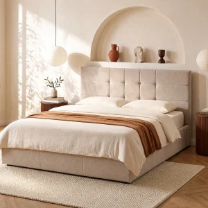 Queen size bedkist 160 x 200 in beige stof + matras – HOPEYA van Pascal Morabito