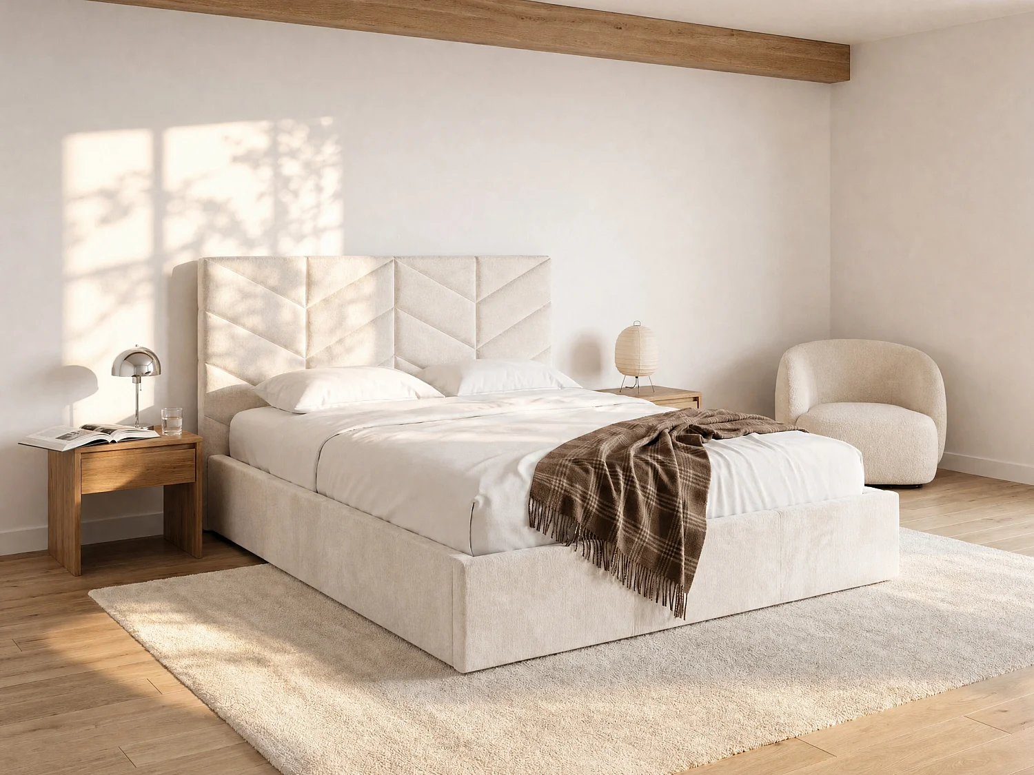 King size Bed met opbergruimte 200 x 200 cm in getextureerde crème stof - JUSTANI
