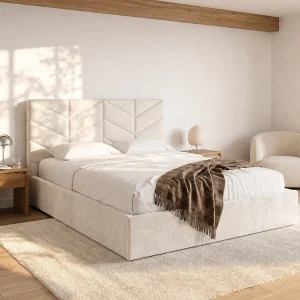 Bed met opbergruimte king size 200 x 200 cm in getextureerde stof crème + matras – JUSTANI