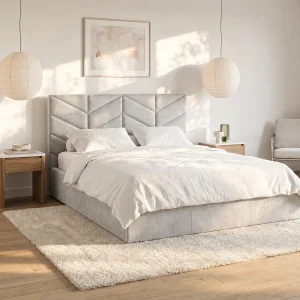 King size Bed met opbergruimte 200 x 200 cm in grijze getextureerde stof – JUSTANI King size Bed met opbergruimte 200 x 200 cm in grijze getextureerde stof – JUSTANI