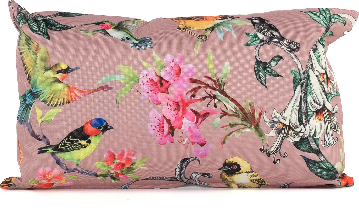 Sierkussen vogels met bloemen Dani roze / groen 30 x 50 cm