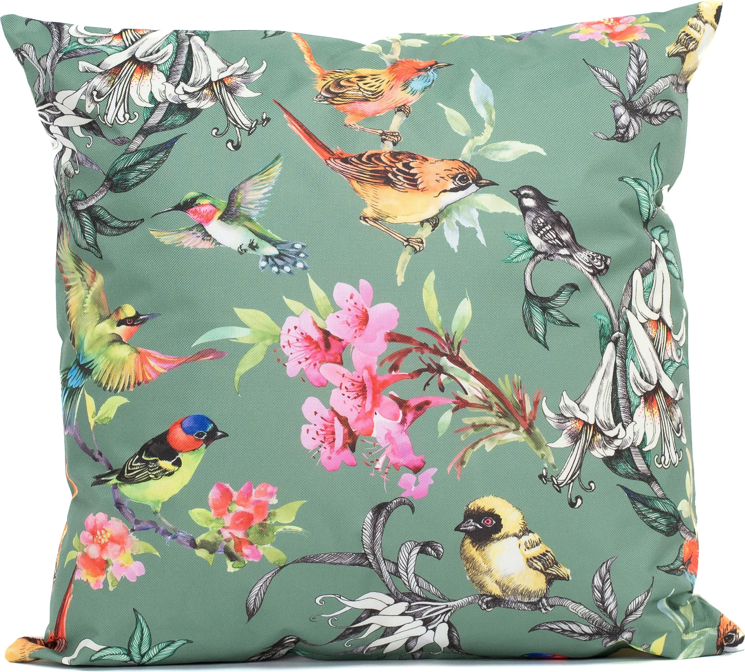 Sierkussen vogels met bloemen Dani groen / roze 45 x 45 cm
