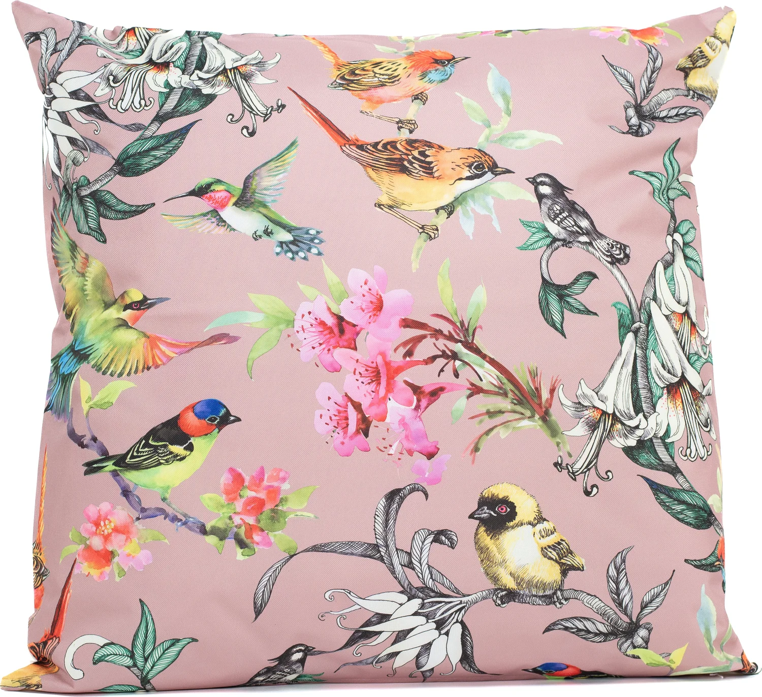 Sierkussen vogels met bloemen roze / groen 60 x 60 cm
