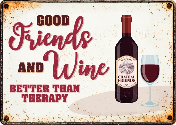 Plenty Gifts tuin wanddecoratie Blik Friends and wine wit 14,8 x 21 x 0,5 cm