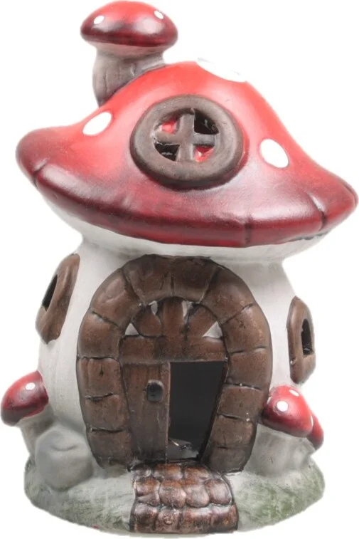 SID tuinbeeld paddenstoel huisje Gerrit bruin / rood / wit 8 x 8 x 15 cm