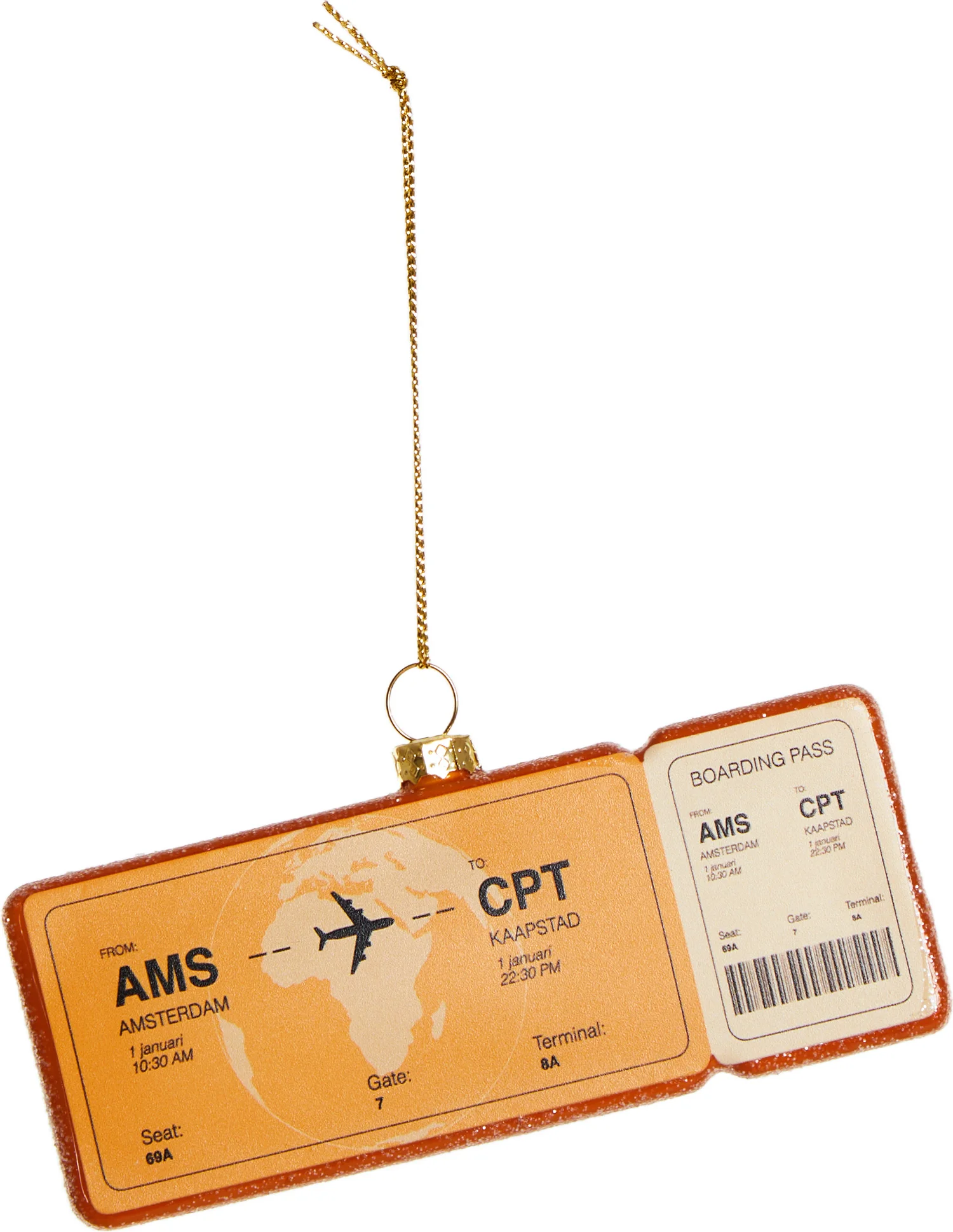Yup in de Boom kerst ornament vliegticket kaapstad oranje 12 x 4,5 x 1,2 cm