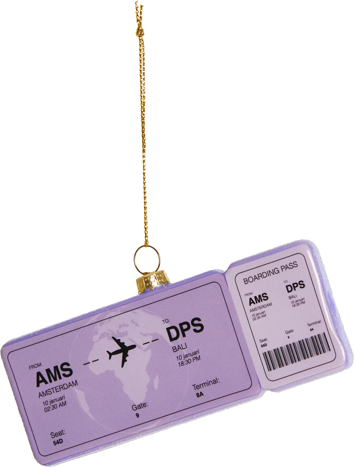 Yup in de Boom kerst ornament vliegticket bali paars 12 x 4,5 x 1,2 cm