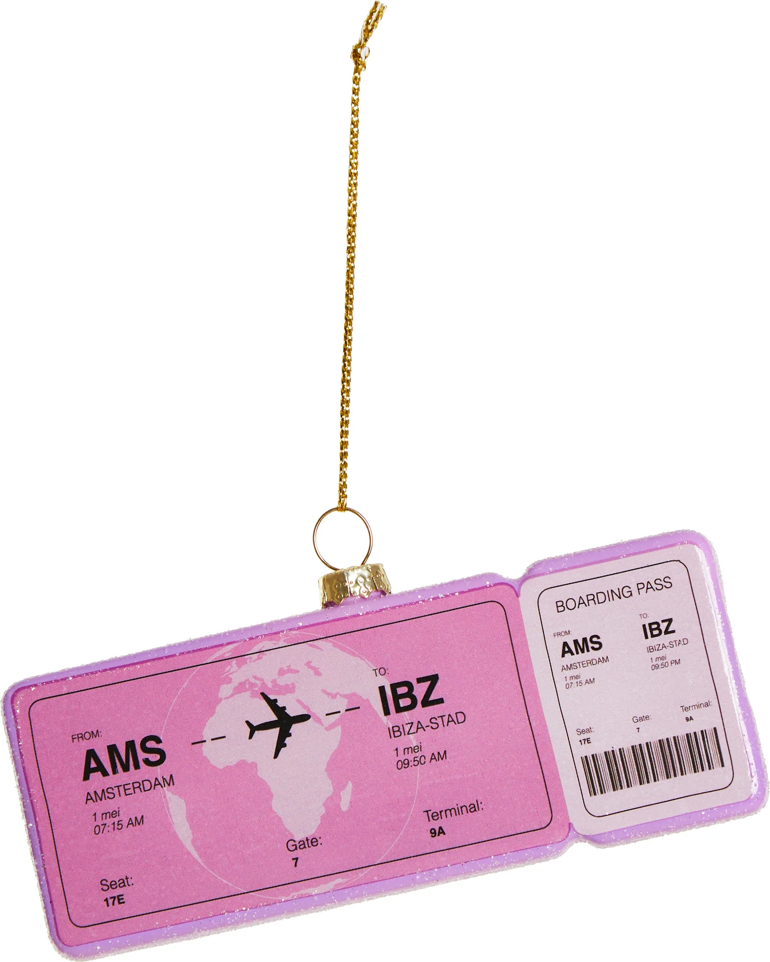 Yup in de Boom kerst ornament vliegticket ibiza roze 12 x 4,5 x 1,2 cm