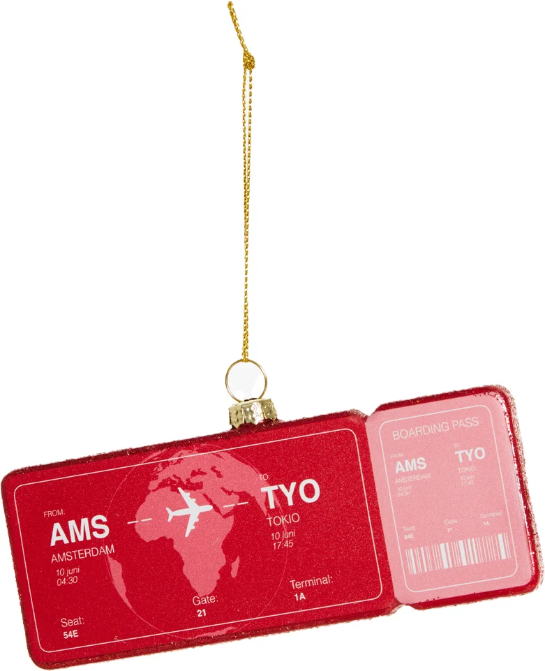 Yup in de Boom kerst ornament vliegticket tokio rood 12 x 6,5 x 1,5 cm